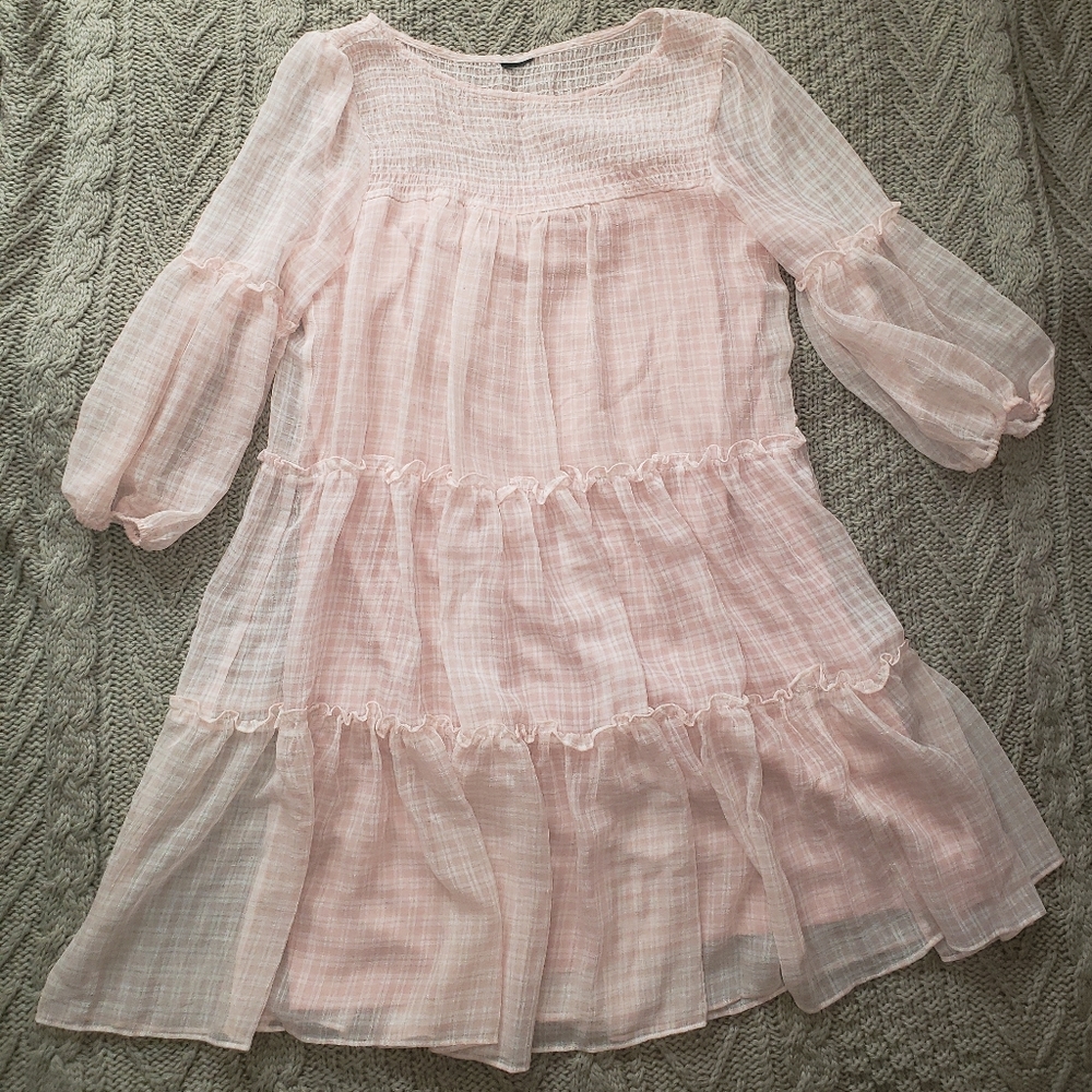 Cottage core soft pink plaid flowy dress